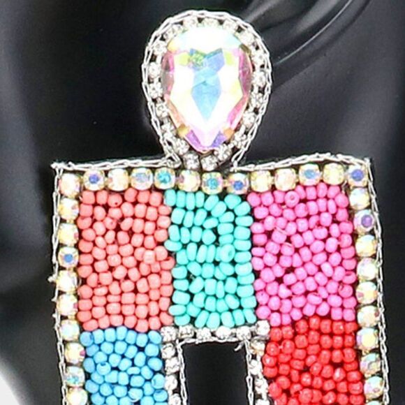 Oversized Colorful Seed Bead Rectangle Earrings - Picture 2 of 6